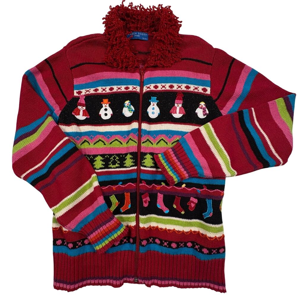 Vintage Karen Scott Full Zip Holiday Cardigan Sweater Women's PM Red Snowmen